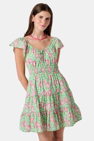 The Kids Verdant Floral Ryan Dress by Roller Rabbit is a green dress for little ones, showcasing pink and white hibiscus flowers in a floral block print. It features ruffled sleeves, a matching diaper cover, and is crafted from soft cotton for comfortable pullover wear.