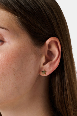 The Roller Rabbit Icon Party Earring Pack includes six pairs of charming gold stud earrings—featuring signature icons like blue monkeys, a crescent moon, a star, whales, and blue elephants—perfect for creating a custom earscape, all beautifully displayed on a plain white background.