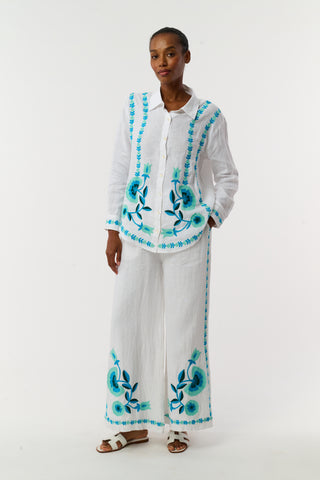 Roller Rabbit Teal Avallon Embroidery Boyfriend Shirt