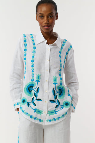 Roller Rabbit Teal Avallon Embroidery Boyfriend Shirt