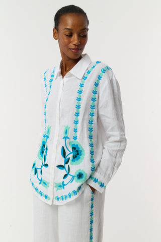 Roller Rabbit Teal Avallon Embroidery Boyfriend Shirt