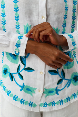 Roller Rabbit Teal Avallon Embroidery Boyfriend Shirt