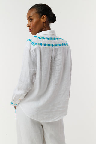 Roller Rabbit Teal Avallon Embroidery Boyfriend Shirt