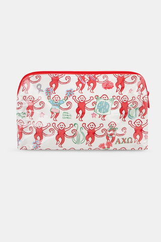 The Alpha Chi Omega Monkey Makeup Bag by Roller Rabbit is a white zippered pouch with a red trim, featuring playful red monkeys holding green and blue Greek letters and symbols—ideal as a makeup bag or sisterhood gift for A Chi O members.