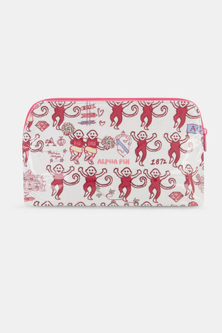 Introducing the Alpha Phi Monkey Makeup Bag by Roller Rabbit—a white pouch with a pink zipper, adorned with cheerful pink monkey illustrations, directional signs, flowers, a house, and “Alpha Phi 1872” text. Crafted from durable cotton canvas with a protective poly coating, it’s designed for everyday use and lasting durability.