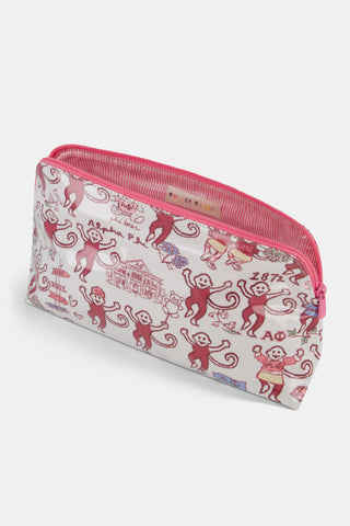 Introducing the Alpha Phi Monkey Makeup Bag by Roller Rabbit—a white pouch with a pink zipper, adorned with cheerful pink monkey illustrations, directional signs, flowers, a house, and “Alpha Phi 1872” text. Crafted from durable cotton canvas with a protective poly coating, it’s designed for everyday use and lasting durability.