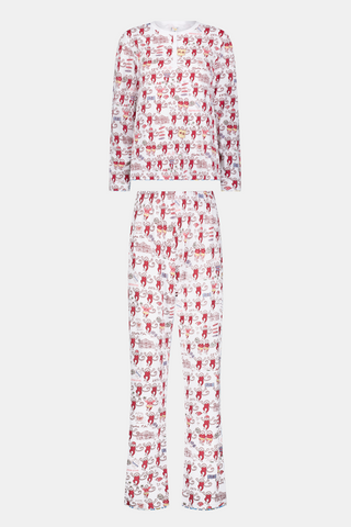 The Alpha Phi Monkey Pajamas by Roller Rabbit are a long-sleeve pajama set crafted from soft Pima cotton, featuring a red and gray cartoon animal print on a white background, with a Henley top and matching pants.