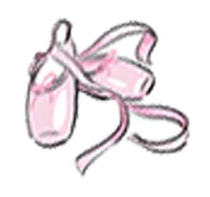 A pair of pink ballet slippers with long ribbons, shown as a simple line-art illustration on a plain white background.