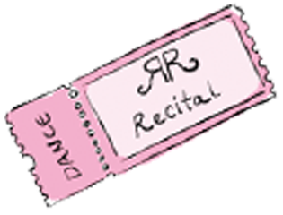 A pink ticket-shaped graphic with handwritten-style text reading 'RR Recital' and 'DANCE' on a plain white background.