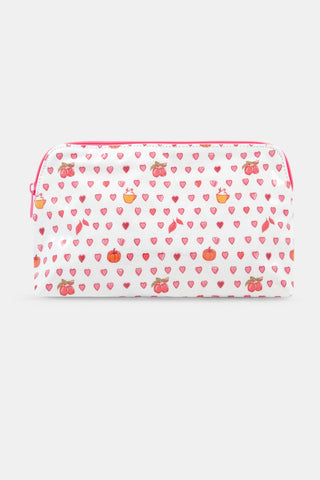 The Autumn Hearts Makeup Bag by Roller Rabbit is a white cotton canvas pouch featuring a pink zipper, adorned with pink hearts and playful illustrations of fruit baskets and apples scattered throughout the design.