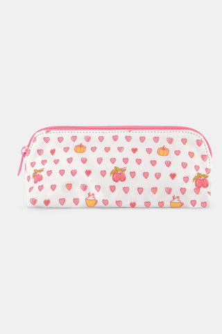 The Autumn Hearts Makeup Bag by Roller Rabbit is a white cotton canvas pouch featuring a pink zipper, adorned with pink hearts and playful illustrations of fruit baskets and apples scattered throughout the design.