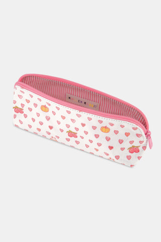 The Autumn Hearts Makeup Bag by Roller Rabbit is a white cotton canvas pouch featuring a pink zipper, adorned with pink hearts and playful illustrations of fruit baskets and apples scattered throughout the design.