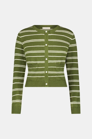 A woman stands facing forward, wearing the Roller Rabbit Autumn Stripe Laine Cardigan in olive green stripes with buttons and matching pants. She has long dark hair and a slight smile.