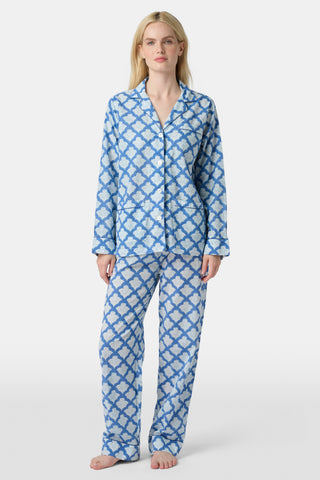 The Jemina Lulu Set features a repeating blue and white scallop pattern filled with delicate floral and leaf motifs, creating a textured effect reminiscent of traditional Jemina blue print—perfect for cozy PJ or short sets.