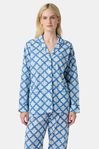 The Jemina Lulu Set features a repeating blue and white scallop pattern filled with delicate floral and leaf motifs, creating a textured effect reminiscent of traditional Jemina blue print—perfect for cozy PJ or short sets.