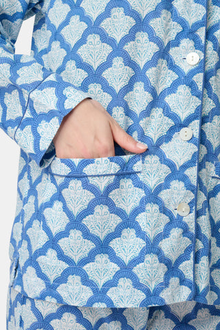 The Jemina Lulu Set features a repeating blue and white scallop pattern filled with delicate floral and leaf motifs, creating a textured effect reminiscent of traditional Jemina blue print—perfect for cozy PJ or short sets.