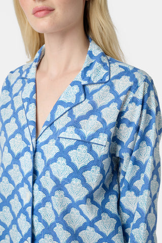 The Jemina Lulu Set features a repeating blue and white scallop pattern filled with delicate floral and leaf motifs, creating a textured effect reminiscent of traditional Jemina blue print—perfect for cozy PJ or short sets.
