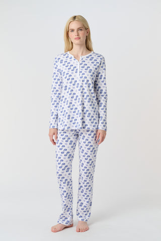 The Mens Moby Simon Pant features a playful print of blue whales and light purple octopuses scattered on white pima cotton, with the whales facing different directions.