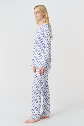 The Mens Moby Simon Pant features a playful print of blue whales and light purple octopuses scattered on white pima cotton, with the whales facing different directions.