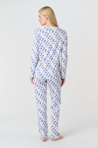 The Mens Moby Simon Pant features a playful print of blue whales and light purple octopuses scattered on white pima cotton, with the whales facing different directions.