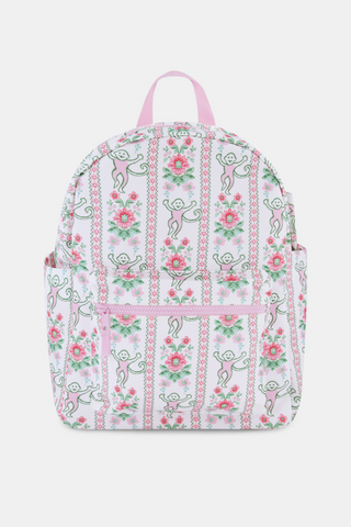 The Roller Rabbit Monkey Block Stripe Backpack is a white bag with pink straps, vertical stripes featuring playful monkeys and pink flowers, plus front and side pockets—an ideal, stylish diaper bag.