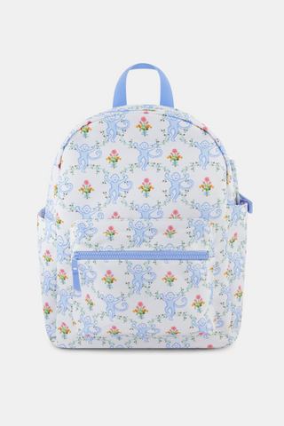 The Roller Rabbit Floral Monkey Trellis Backpack is a white diaper bag with pastel blue zipper and handle, blue monkey and floral pattern, side pockets, and a front zip pocket.