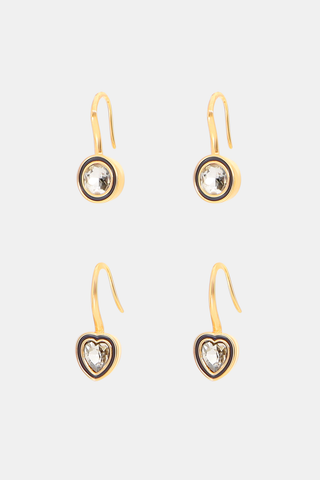 MADISON 501 Bezel Earring Set featuring two pairs of gold-tone drop earrings: one pair of bezel-set round earrings and one pair of heart-shaped earrings with clear stones.