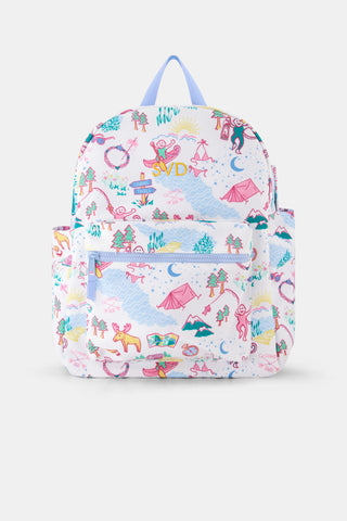 The Roller Rabbit Camp RR Backpack is a vibrant kids’ bag with playful nature-themed prints in pink, blue, yellow, and green. It features a front pocket and side pockets for convenient storage.