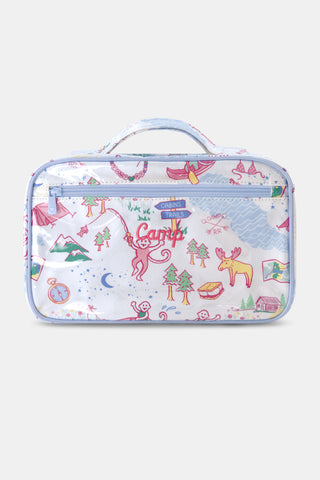The Camp RR Hanging Toiletry Case by Roller Rabbit is a rectangular travel organizer with a handle, featuring pastel camping-themed illustrations on white, labeled "CABINS & TRAILS." Water-resistant design keeps toiletries secure.