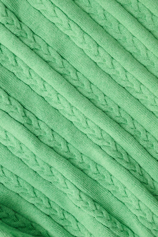 The Roller Rabbit Cable Stripe Moxie Cardigan is a bright forest green, long-sleeve cardigan featuring a cable-knit design. Crafted from soft cotton cashmere, it has a crew neckline and gold buttons down the front, shown against a plain white background.