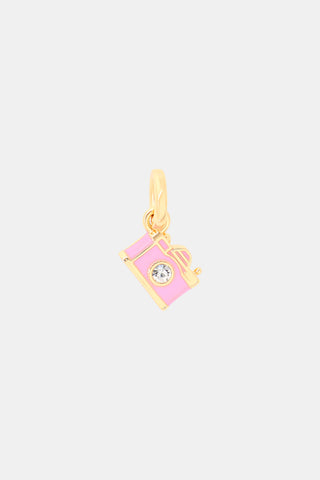 MADISON 501 Camera Charm in gold-tone with pink enamel detail and a single clear stone lens, suitable for a chain necklace or bracelet.