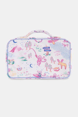 The Camp RR Hanging Toiletry Case by Roller Rabbit is a rectangular travel organizer with a handle, featuring pastel camping-themed illustrations on white, labeled "CABINS & TRAILS." Water-resistant design keeps toiletries secure.
