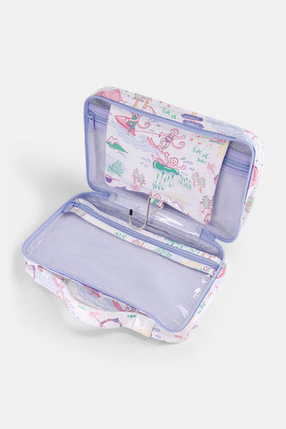 The Camp RR Hanging Toiletry Case by Roller Rabbit is a rectangular travel organizer with a handle, featuring pastel camping-themed illustrations on white, labeled "CABINS & TRAILS." Water-resistant design keeps toiletries secure.