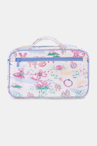 The Camp RR Hanging Toiletry Case by Roller Rabbit is a rectangular travel organizer with a handle, featuring pastel camping-themed illustrations on white, labeled "CABINS & TRAILS." Water-resistant design keeps toiletries secure.