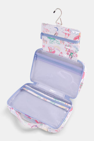 The Camp RR Hanging Toiletry Case by Roller Rabbit is a rectangular travel organizer with a handle, featuring pastel camping-themed illustrations on white, labeled "CABINS & TRAILS." Water-resistant design keeps toiletries secure.