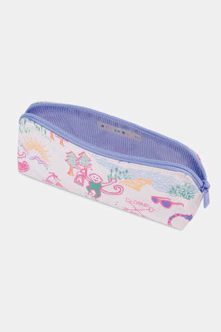 The Camp RR Makeup Bag by Roller Rabbit is a white, water-resistant cotton canvas pouch with purple trim, decorated with playful, hand-drawn images of a monkey with a lantern, trees, sunglasses, a tent, and mountains.