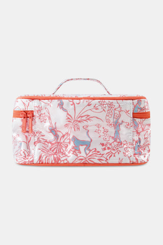 The Charlie Carry All Case by Roller Rabbit is a rectangular toiletry case crafted from water-resistant cotton canvas. It features a handle and zipper and showcases a vibrant red and blue nature and monkey print on a white background, making this stylish coral case both practical and eye-catching.