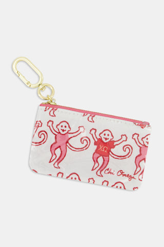 Introducing the Roller Rabbit Chi Omega Monkey Coin Pouch: a small, water-resistant cotton canvas zip pouch adorned with playful pink monkey illustrations—one sporting a shirt marked “ΧΩ” and “Chi Omega” written below. Finished with a protective poly coating for durability and an elegant gold clip for easy attachment.