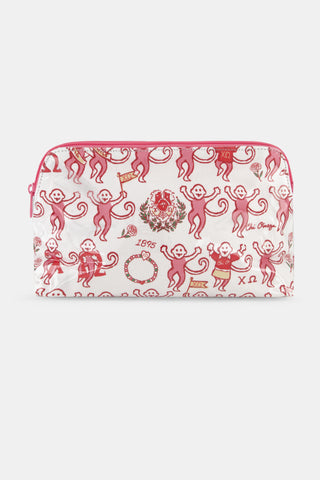 The Chi Omega Monkey Makeup Bag by Roller Rabbit is a white zippered pouch made from cotton canvas with a protective poly coating for a water-resistant finish. It showcases whimsical red monkeys in various poses, along with Greek letters, a crest, and the year 1893 at the center—all arranged within a circular emblem.