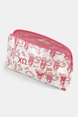 The Chi Omega Monkey Makeup Bag by Roller Rabbit is a white zippered pouch made from cotton canvas with a protective poly coating for a water-resistant finish. It showcases whimsical red monkeys in various poses, along with Greek letters, a crest, and the year 1893 at the center—all arranged within a circular emblem.