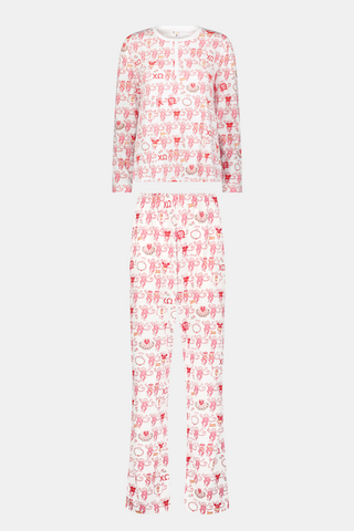 The Roller Rabbit Chi Omega Monkey Pajamas are a long-sleeve Henley top pajama set with matching pants, featuring a white background decorated with red, pink, and gray hearts, XOXO motifs, and playful accents. The pants are designed with a comfortable mid-rise elastic waist.