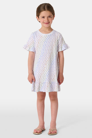 The Infant Disco Hearts Zipper Footie features white Pima cotton fabric with small, colorful, hand-drawn rainbow hearts evenly spaced across it. The soft material has a slightly wrinkled appearance.