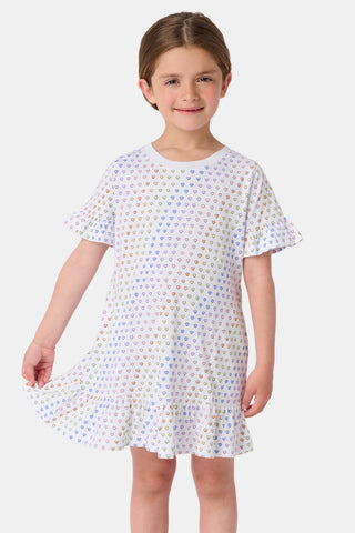 The Infant Disco Hearts Zipper Footie features white Pima cotton fabric with small, colorful, hand-drawn rainbow hearts evenly spaced across it. The soft material has a slightly wrinkled appearance.