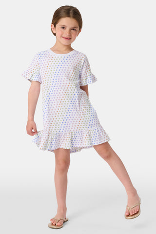 The Infant Disco Hearts Zipper Footie features white Pima cotton fabric with small, colorful, hand-drawn rainbow hearts evenly spaced across it. The soft material has a slightly wrinkled appearance.
