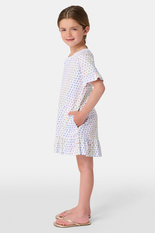 The Infant Disco Hearts Zipper Footie features white Pima cotton fabric with small, colorful, hand-drawn rainbow hearts evenly spaced across it. The soft material has a slightly wrinkled appearance.