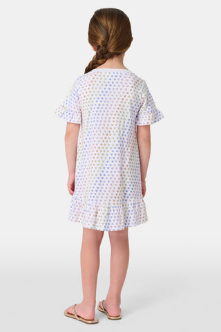The Infant Disco Hearts Zipper Footie features white Pima cotton fabric with small, colorful, hand-drawn rainbow hearts evenly spaced across it. The soft material has a slightly wrinkled appearance.