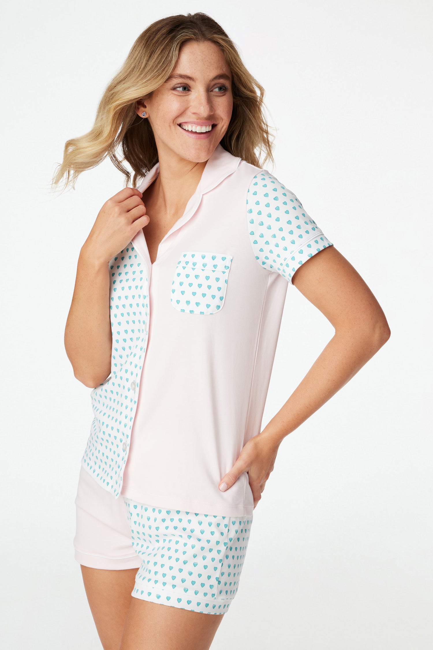 Roller Rabbit Mint Hearts & Pink Patchwork Polo Pajamas