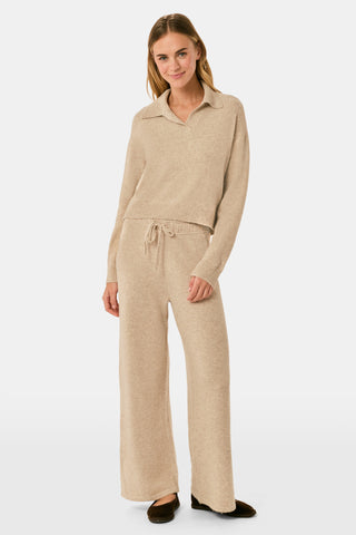 AFFINA Olivia Pant in beige cashmere blend, featuring a flare-leg silhouette, wide-leg fit, and an elastic drawstring waist.