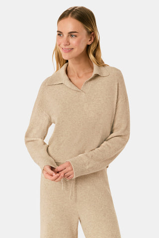 AFFINA Olivia Pant in beige cashmere blend, featuring a flare-leg silhouette, wide-leg fit, and an elastic drawstring waist.