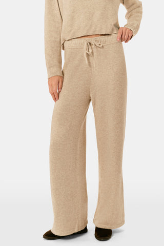 AFFINA Olivia Pant in beige cashmere blend, featuring a flare-leg silhouette, wide-leg fit, and an elastic drawstring waist.